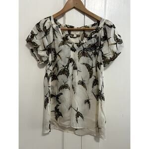 Anthropologie Moulinette Souers 100% Silk Beaded Sequin Bird Top Size 6